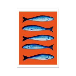 Mackerel Print | Kitchen Painting | Mackerel Fish Painting On Orange Background- Unframed