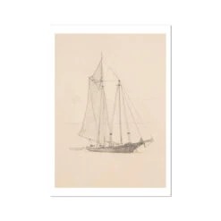 Schooner With Dinghy | Vintage Pencil Boat Wall Art Print - Unframed
