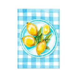 Lemon Painting On Blue Gingham | Kitchen Wall Art - Unframed
