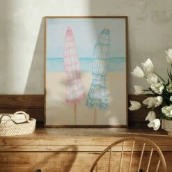 Beach Painting | Seascape Striped Umbrellas | Pastel - Unframed -Beach House Art 2umbrellastulipsq