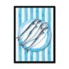 Sardine Painting On Blue Stripe | Kitchen Wall Art - Framed