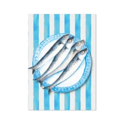 Sardine Painting On Blue Stripe | Kitchen Wall Art - Unframed
