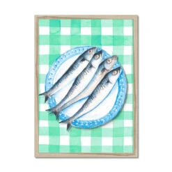 Sardine Painting On Green Gingham | Kitchen Wall Art - Framed