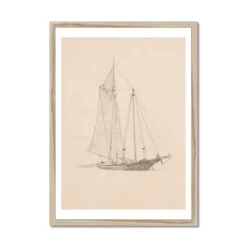Schooner With Dinghy | Vintage Pencil Boat Wall Art Print - Framed