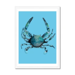 Crab Art Print |Colourful Kitchen Wall Art | Crab Painting On Blue - Framed