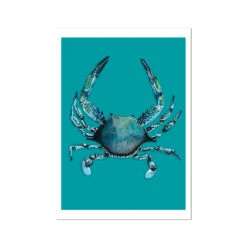 Crab Print | Colourful Kitchen Wall Art | Crab Painting On Blue Background - Unframed