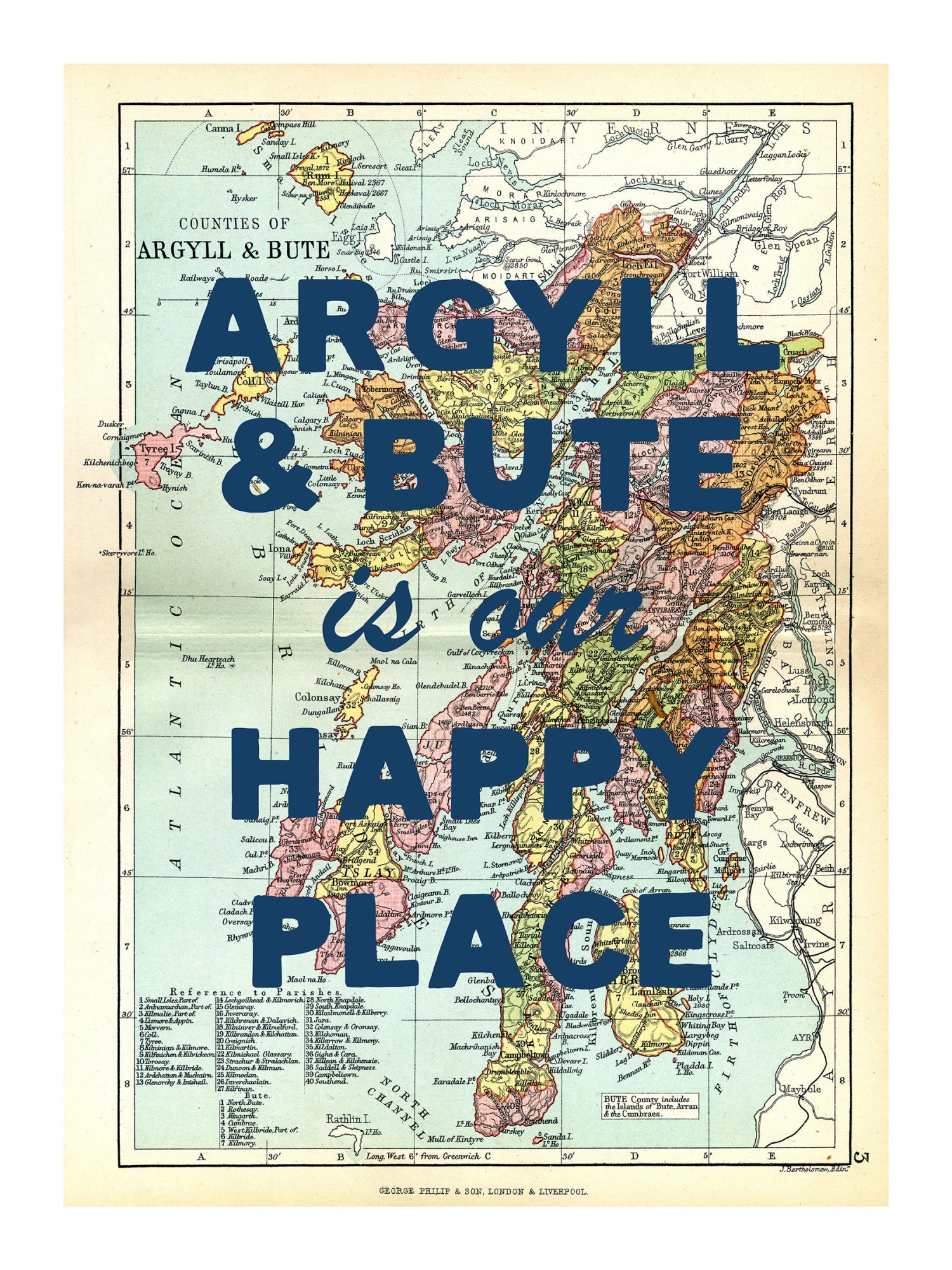 Personalised Vintage Map Print | Custom Location Poster | Favourite Place Art | Blue Font Personalised Vintage Map Print | Custom Location Poster | Favourite Place Art | Blue Font -Beach House Art Argyll Bute our hp nv low 1