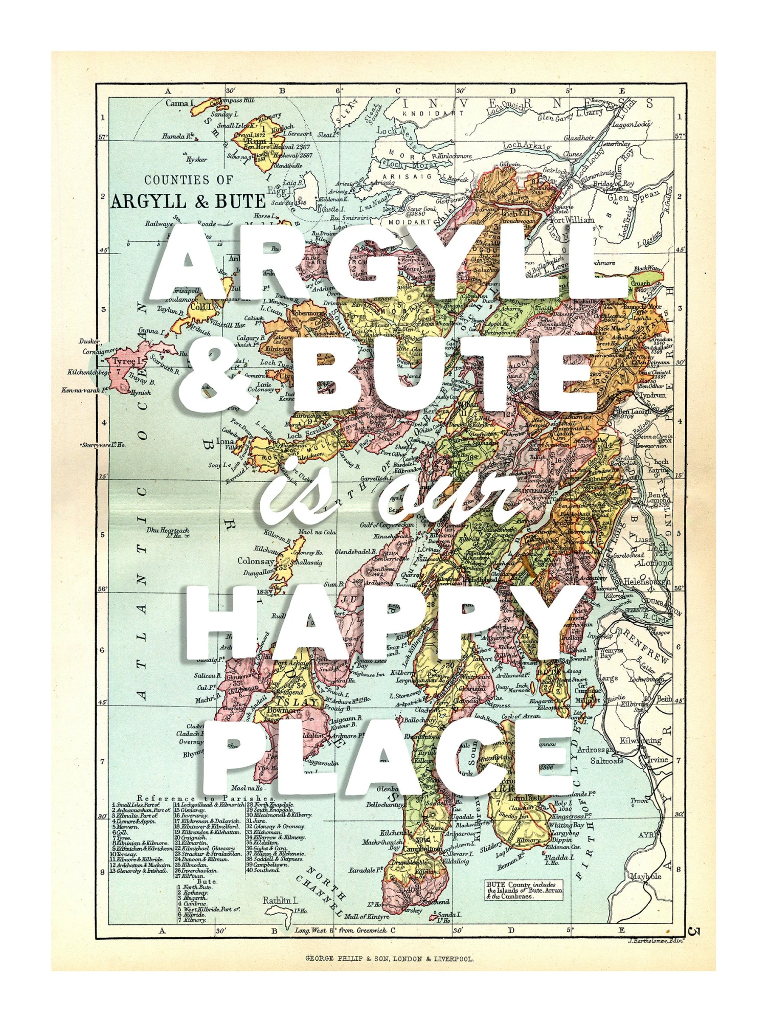 Personalised Vintage Map Print | Custom Location Poster | Favourite Place Art | White Font Personalised Vintage Map Print | Custom Location Poster | Favourite Place Art | White Font -Beach House Art Argyll Bute our hp wh low 1