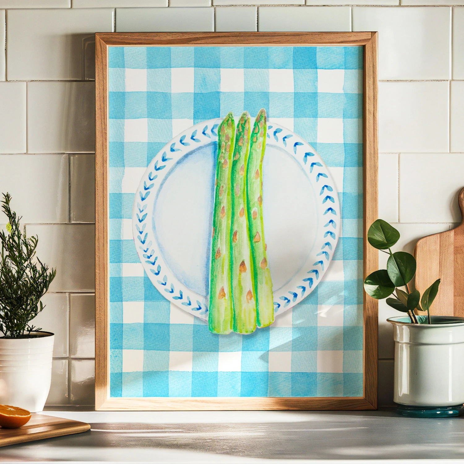 Asparagus Painting on Blue Gingham | Kitchen Wall Art - Unframed Asparagus Painting On Blue Gingham | Kitchen Wall Art - Unframed -Beach House Art Asparagus Painting on blue gingham tablecolth kitchen wall art