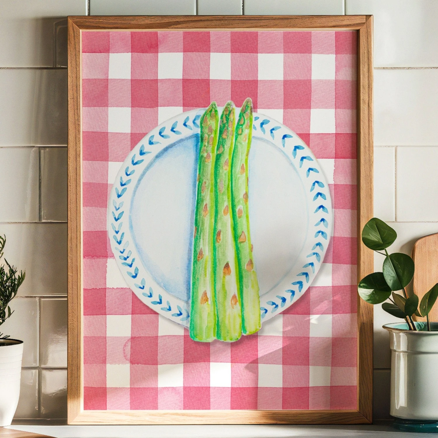 Asparagus Painting on Red Gingham | Kitchen Wall Art- Unframed Asparagus Painting On Red Gingham | Kitchen Wall Art- Unframed -Beach House Art Asparagus Painting on red gingham tablecolth kitchen wall art
