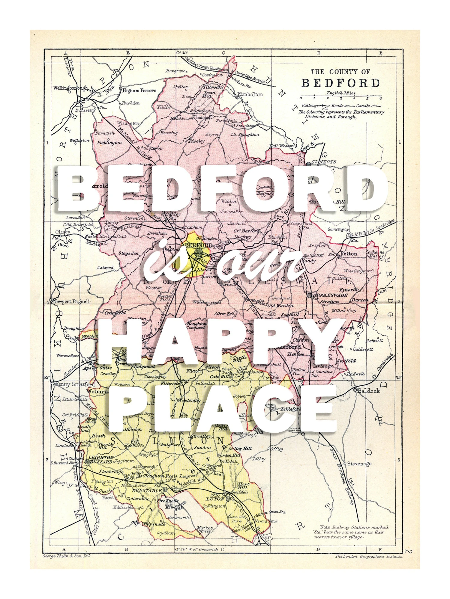 Personalised Vintage Map Print | Custom Location Poster | Favourite Place Art | White Font Personalised Vintage Map Print | Custom Location Poster | Favourite Place Art | White Font -Beach House Art Bedford our hp wh low 1
