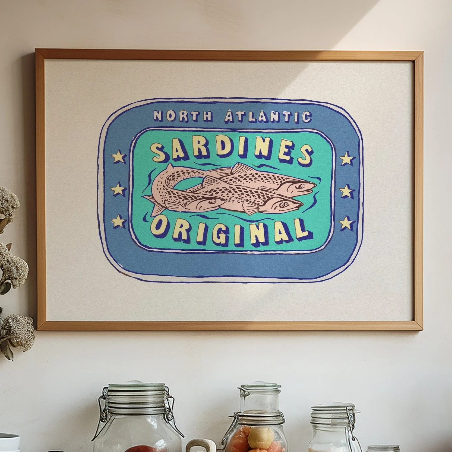 Sardine Painting | Blue & Aqua Tin of Sardine Print | Colourful Kitchen Art - Unframed Sardine Painting | Blue & Aqua Tin Of Sardine Print | Colourful Kitchen Art - Unframed -Beach House Art Blue AquaSq