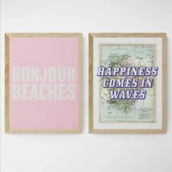 Bonjour Beaches (Pink) Word Art Print - Framed -Beach House Art Bonjour Beaches Pink Framed Wall Art Beach House Art 1650731821
