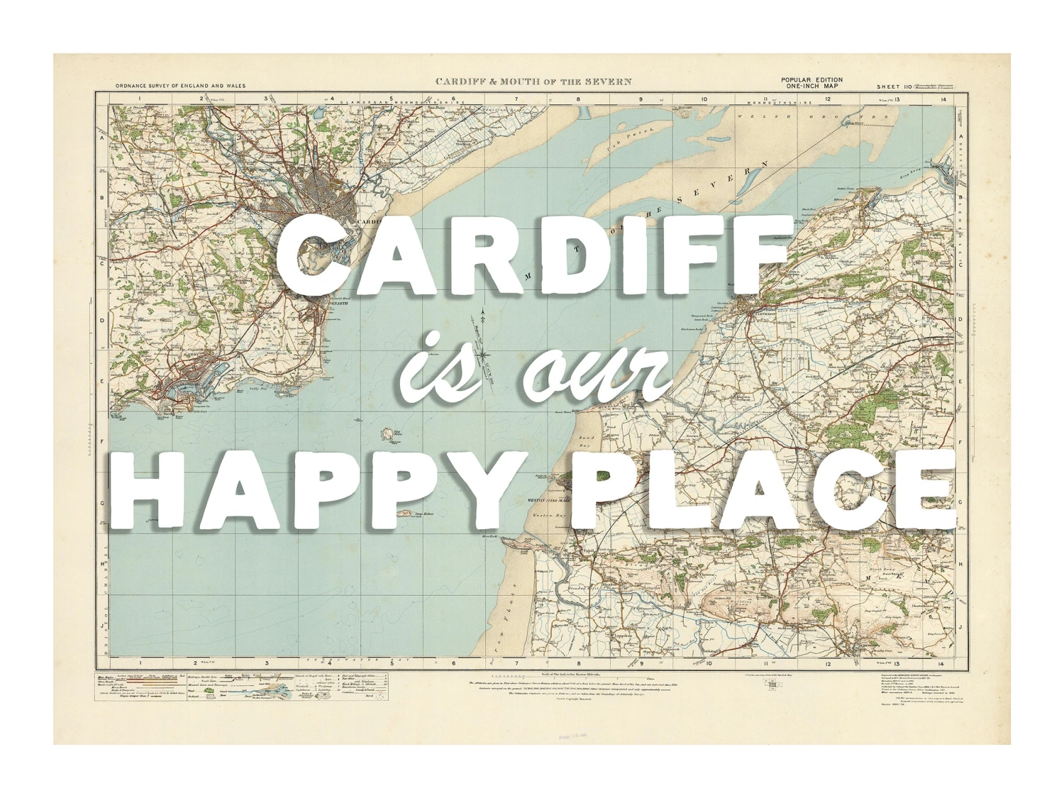 Personalised Vintage Map Print | Custom Location Poster | Favourite Place Art | White Font Personalised Vintage Map Print | Custom Location Poster | Favourite Place Art | White Font -Beach House Art Cardiff wh low
