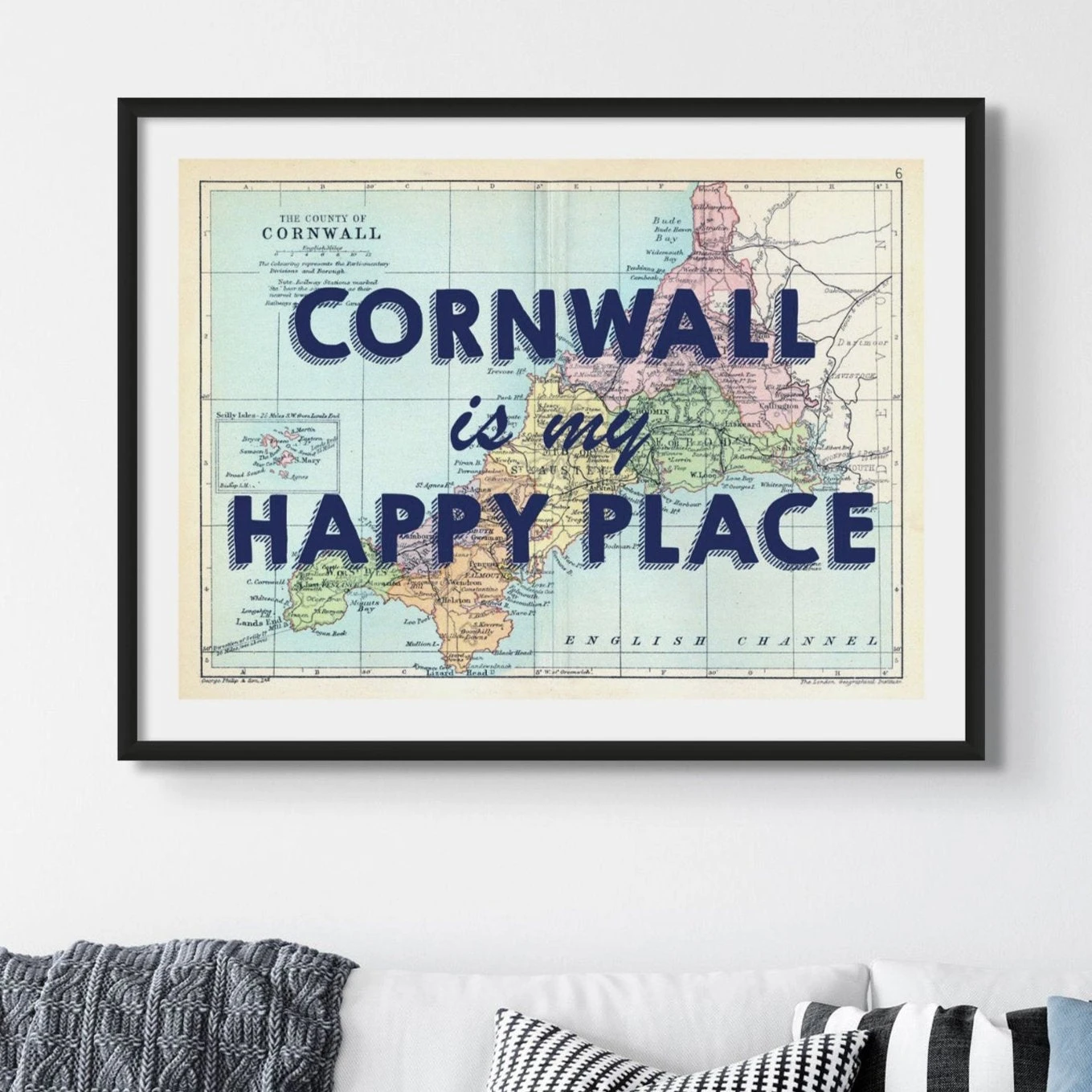 Personalised Vintage Map Print | Custom Location Poster | Favourite Place Art | Blue Font Personalised Vintage Map Print | Custom Location Poster | Favourite Place Art | Blue Font -Beach House Art Cornwall HP 1