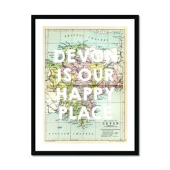 Devon Is Our Happy Place Quote On Vintage Devon Map Print - Framed