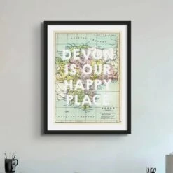 Beach House Art -Beach House Art Devon is our Happy Place Devon Map Vintage Map Art Framed Print Fine art Beach House Art 1659463830