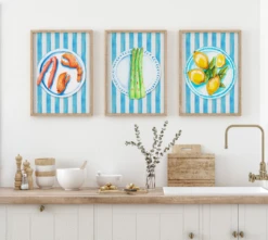 Asparagus Painting On Blue Stripe | Kitchen Wall Art - Unframed -Beach House Art Food plates Blue Stripe set of 3 kitchen wall art 1