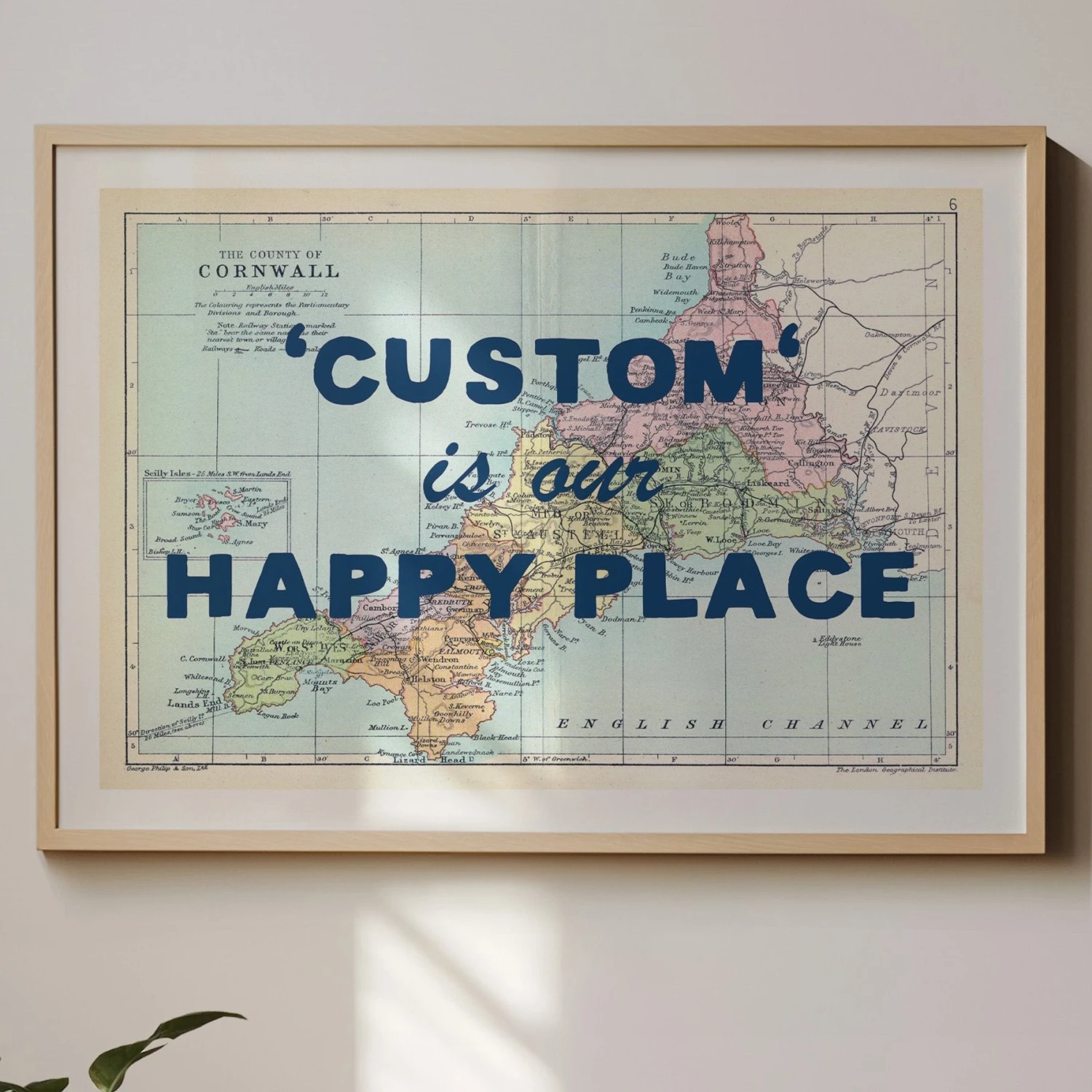 Personalised Vintage Map Print | Custom Location Poster | Favourite Place Art | Blue Font Personalised Vintage Map Print | Custom Location Poster | Favourite Place Art | Blue Font -Beach House Art Happy place map blue font