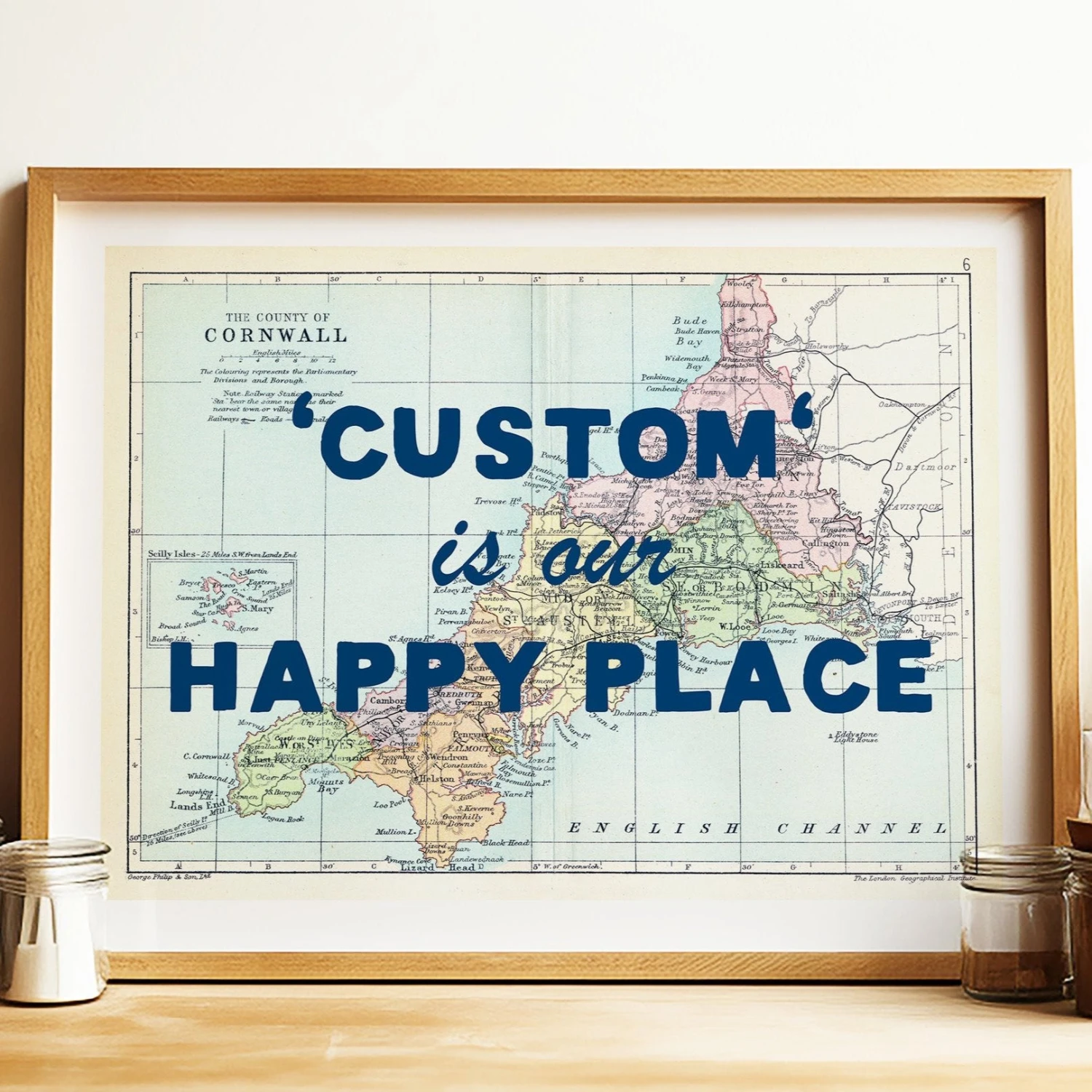 Personalised Vintage Map Print | Custom Location Poster | Favourite Place Art | Blue Font Personalised Vintage Map Print | Custom Location Poster | Favourite Place Art | Blue Font -Beach House Art Happy place map print blue font 2