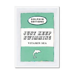 Just Keep Swimming Quote Print On Vintage Style Book Cover In Jade - Framed