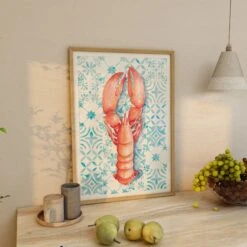 Lobster Print On Blue Mediterranean Tiles | Kitchen Art - Unframed -Beach House Art Lobster on Blue Mediterranean Tiles. Lobster Print