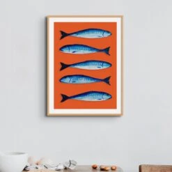 Mackerel Print | Kitchen Painting | Mackerel Fish Painting On Orange Background- Unframed -Beach House Art Mackerelorange