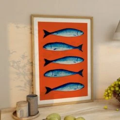 Mackerel Print | Kitchen Painting | Mackerel Fish Painting On Orange Background- Unframed -Beach House Art OrangeMackeral