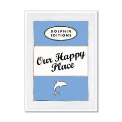 Our Happy Place Quote Print On Vintage Style Book Cover In Blue - Framed -Beach House Art Our Happy Place Cornish Blue Vintage Book Cover Art Print Framed Print Fine art Beach House Art 1678646730