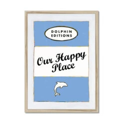 Our Happy Place Quote Print On Vintage Style Book Cover In Blue - Framed -Beach House Art Our Happy Place Cornish Blue Vintage Book Cover Art Print Framed Print Fine art Beach House Art 1678646733