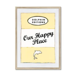 Our Happy Place Quote Print On Vintage Style Book Cover In Yellow - Framed