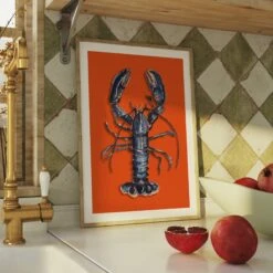 Lobster Painting | Shellfish Kitchen Wall Art | Lobster Print On Orange Background - Unframed 4 Lobster Painting | Shellfish Kitchen Wall Art | Lobster Print On Orange Background - Unframed -Beach House Art RedLobsterArtPrint