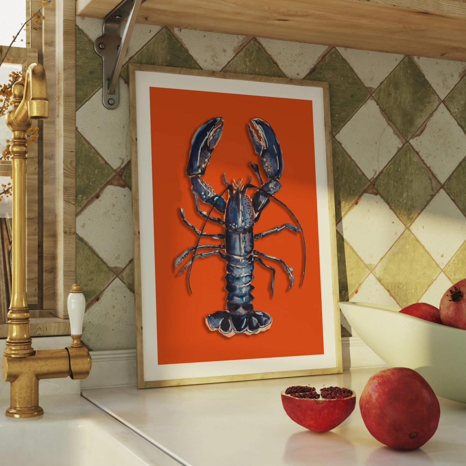 Lobster Painting | Shellfish Kitchen Wall Art | Lobster Print on Orange Background - Unframed Lobster Painting | Shellfish Kitchen Wall Art | Lobster Print On Orange Background - Unframed -Beach House Art RedLobsterArtPrint