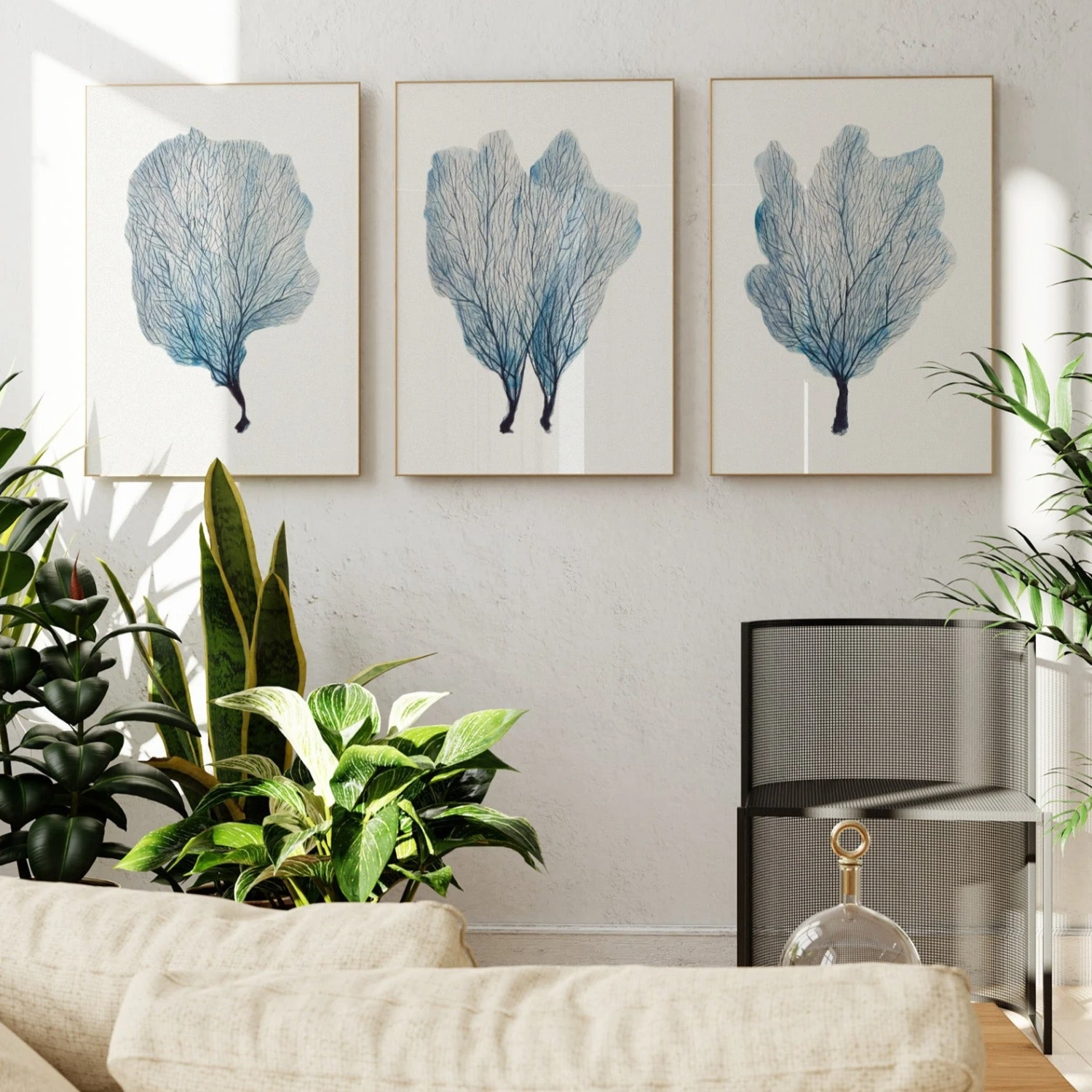 Set of Three Coral Art Prints | Set of Coral Paintings - Framed Set Of Three Coral Art Prints | Set Of Coral Paintings - Framed -Beach House Art SeaFanSet1