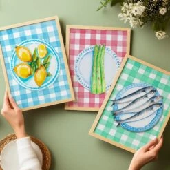 Lemon Painting On Blue Gingham | Kitchen Wall Art - Unframed 6 Lemon Painting On Blue Gingham | Kitchen Wall Art - Unframed -Beach House Art Set of 3 food on plates paintings 1 kitchen wall art