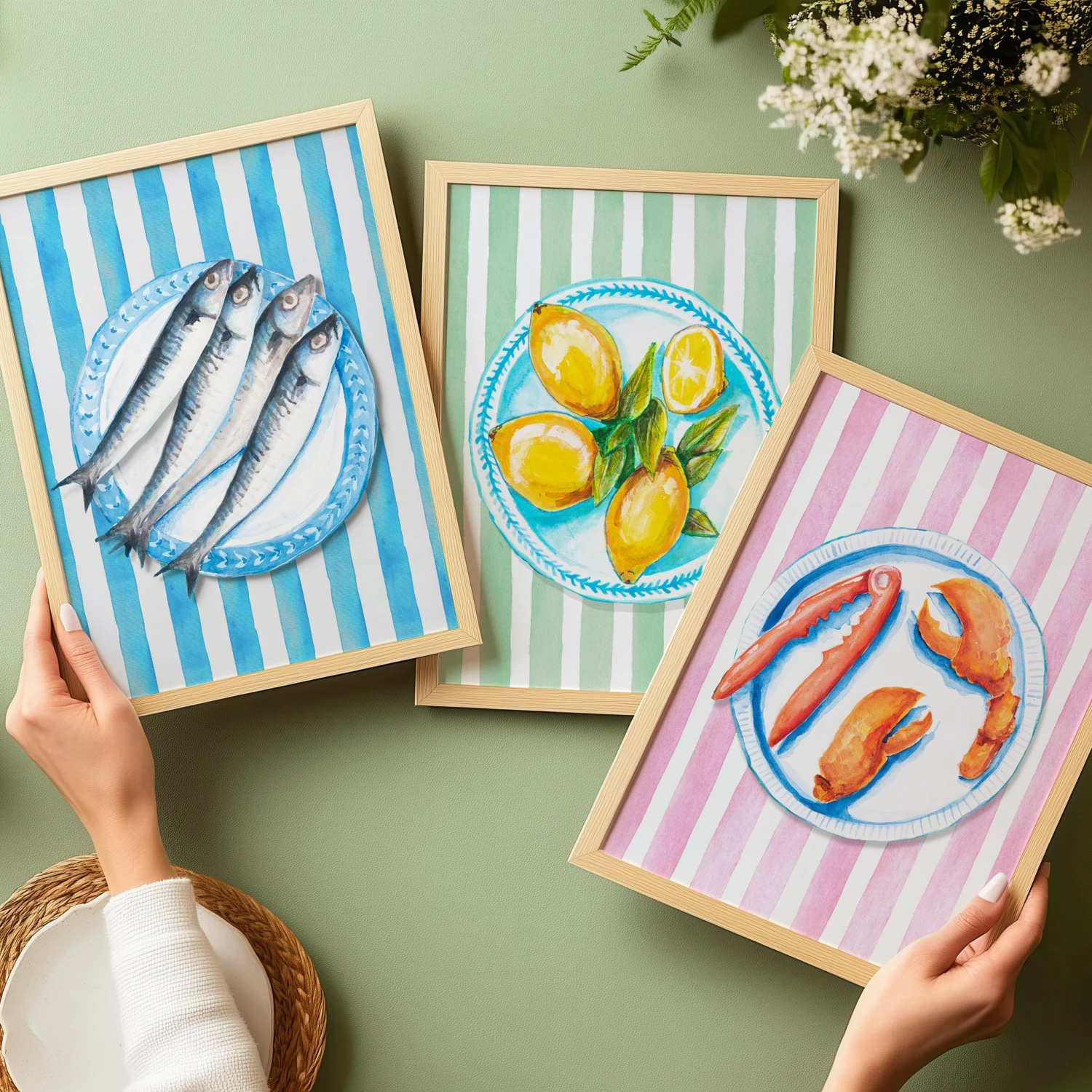 Lemon Painting on Green Stripe | Kitchen Wall Art - Framed Lemon Painting On Green Stripe | Kitchen Wall Art - Framed -Beach House Art Set of 3 food on plates paintings 2 kitchen wall art 2