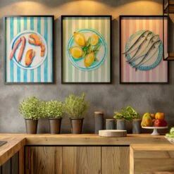 Lemon Painting On Green Stripe | Kitchen Wall Art - Framed 8 Lemon Painting On Green Stripe | Kitchen Wall Art - Framed -Beach House Art Set of 3 food on plates paintings in grey kitchen kitchen wall art 1