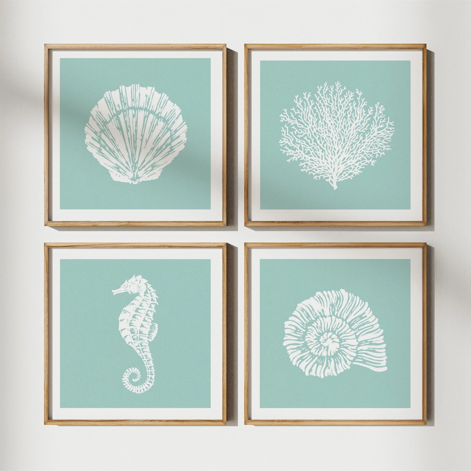 Seahorse Print | Graphic Seahorse Art Print | Aqua Blue - Unframed Seahorse Print | Graphic Seahorse Art Print | Aqua Blue - Unframed -Beach House Art Set of 4 Aqua nat frame SQ 1