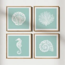 Coral Print | Graphic Coral Art Print | Aqua Blue - Unframed -Beach House Art Set of 4 Aqua nat frame SQ