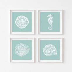 Seahorse Print | Graphic Seahorse Art Print | Aqua Blue - Unframed 5 Seahorse Print | Graphic Seahorse Art Print | Aqua Blue - Unframed -Beach House Art Set of 4 aqua with white frame 1