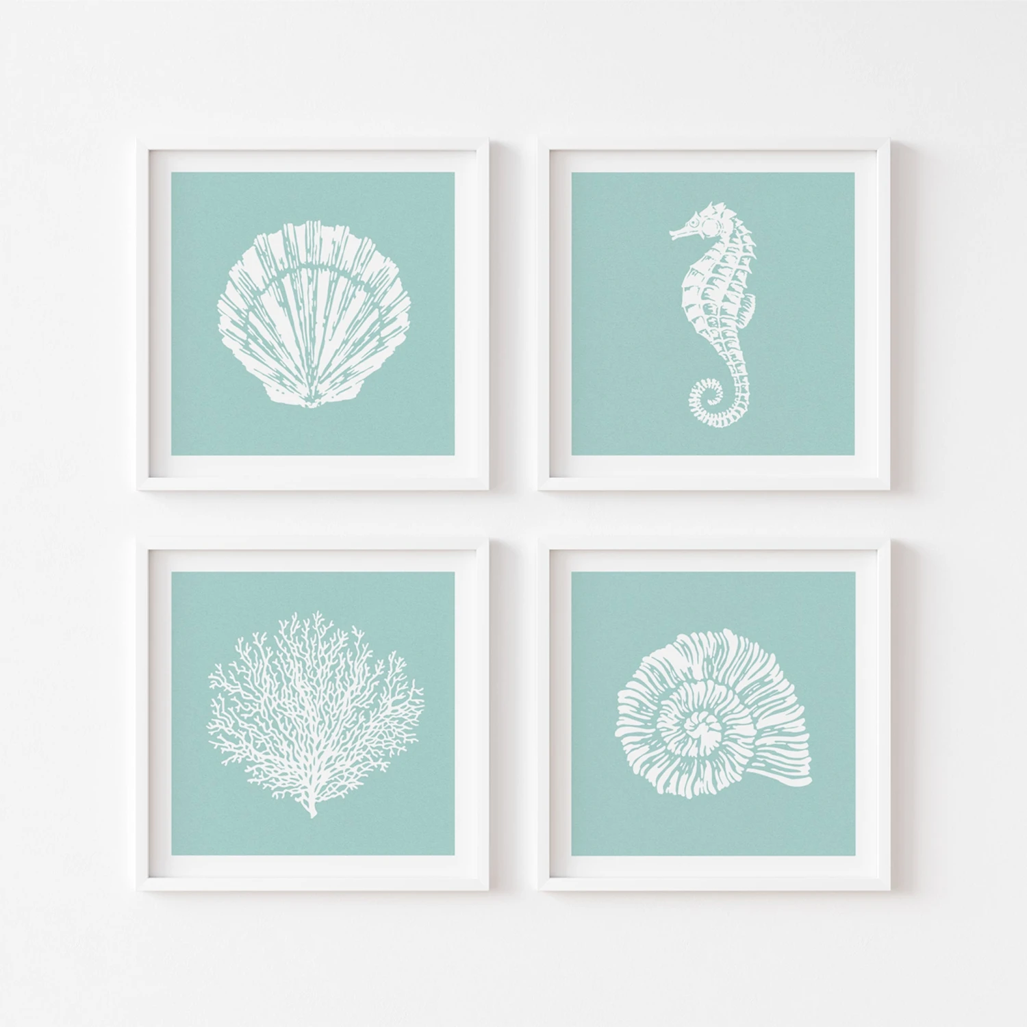 Seahorse Print | Graphic Seahorse Art Print | Aqua Blue - Unframed Seahorse Print | Graphic Seahorse Art Print | Aqua Blue - Unframed -Beach House Art Set of 4 aqua with white frame 1