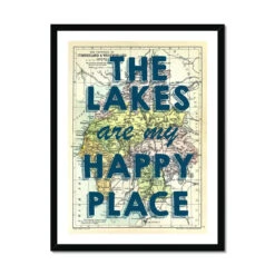 The Lakes Are My Happy Place Quote On A Vintage Lake District Map Print - Framed