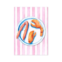 Lobster Painting On Red Pink Stripe | Kitchen Wall Art - Unframed