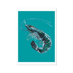 Prawn Painting | Shellfish Kitchen Art Print |Prawn Print On Green Background - Unframed