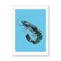 Prawn Art Print | Shellfish Kitchen Wall Art | Prawn Painting On Blue Background - Framed -Beach House Art b02e43b1 9ecc 434a a747 7641b22529f5