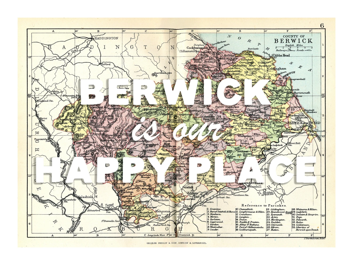 Personalised Vintage Map Print | Custom Location Poster | Favourite Place Art | White Font Personalised Vintage Map Print | Custom Location Poster | Favourite Place Art | White Font -Beach House Art berw our hp wh loiw 1