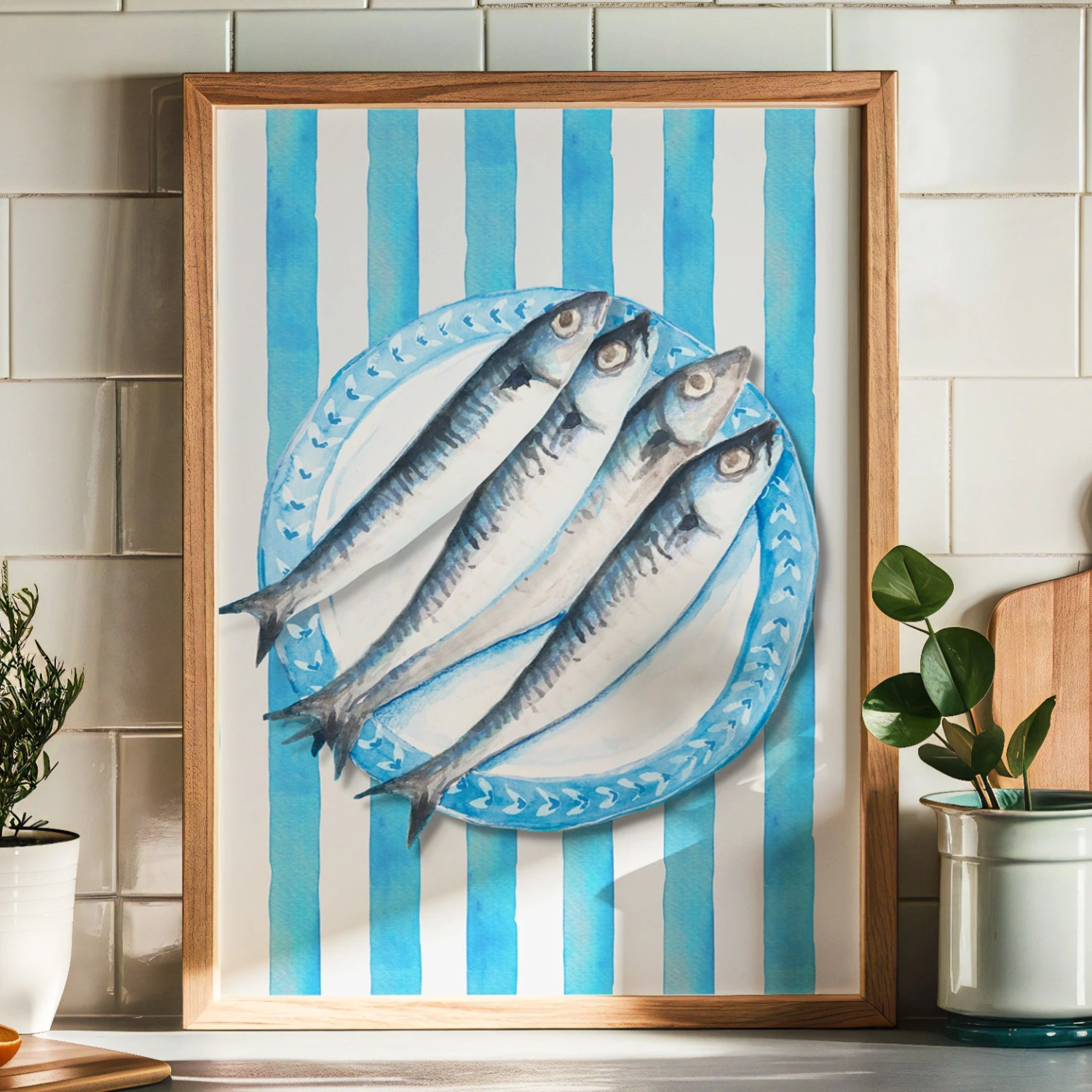 Sardine Painting on Blue Stripe | Kitchen Wall Art - Framed Sardine Painting On Blue Stripe | Kitchen Wall Art - Framed -Beach House Art blue stripe 5158c10f 3857 4761 b4de 510c2ae1384f 1