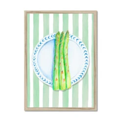 Asparagus Painting On Green Stripe | Kitchen Wall Art - Framed