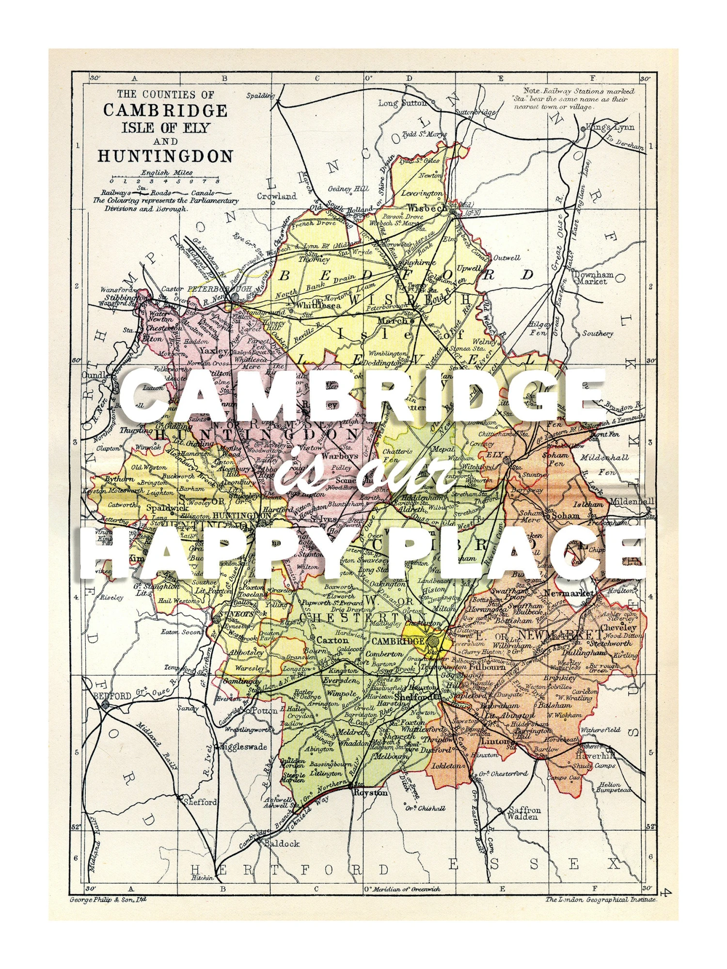 Personalised Vintage Map Print | Custom Location Poster | Favourite Place Art | White Font Personalised Vintage Map Print | Custom Location Poster | Favourite Place Art | White Font -Beach House Art camb our hp wh low