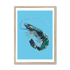 Prawn Art Print | Shellfish Kitchen Wall Art | Prawn Painting On Blue Background - Framed -Beach House Art cce8782a 716a 4d10 af0c 99df04b7ee00